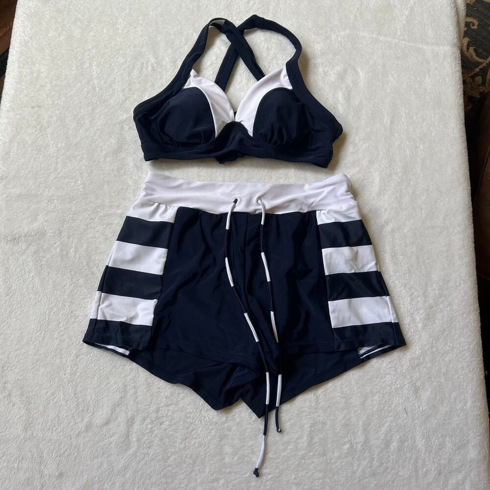 white and navy striped bikini shorts set with removable padding women's small